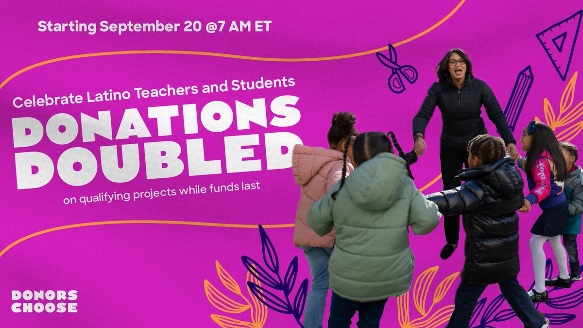 🎉  We're celebrating #HispanicAndLatinxHeritageMonth with a match! 🎉 

On September 20, we're DOUBLING donations to projects from Latino teachers and projects from schools where the majority of students are Latino. Find out more:  help.donorschoose.org/hc/en-us/artic…