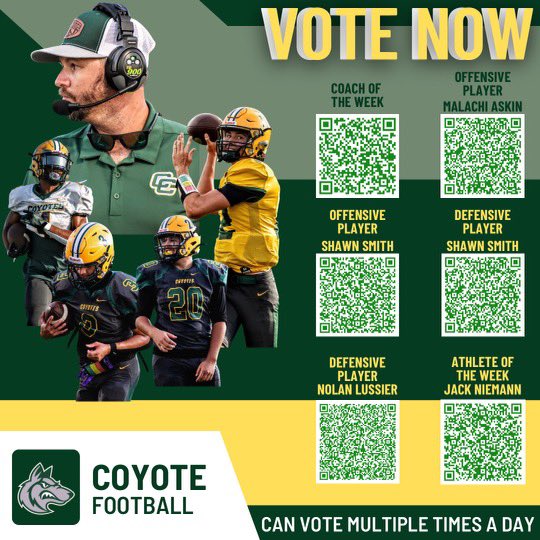 🚨Vote now!!! for your Coyotes🚨Honored to have this recognition after 3 great weeks to start the season. Very proud of both my staff and our young men! <a href="/StayHowlin/">Coyote Football</a> <a href="/CCHS_Sport/">Cypress Creek High School Athletics</a> <a href="/TheCoyoteWay/">CypressCreek</a> <a href="/CCHFBRecruiting/">Cypress Creek Coyotes Football College Recruiting</a> <a href="/CoachTico/">Coach Hernandez</a> <a href="/KaitlynRidolph/">Ms. Ridolph</a>