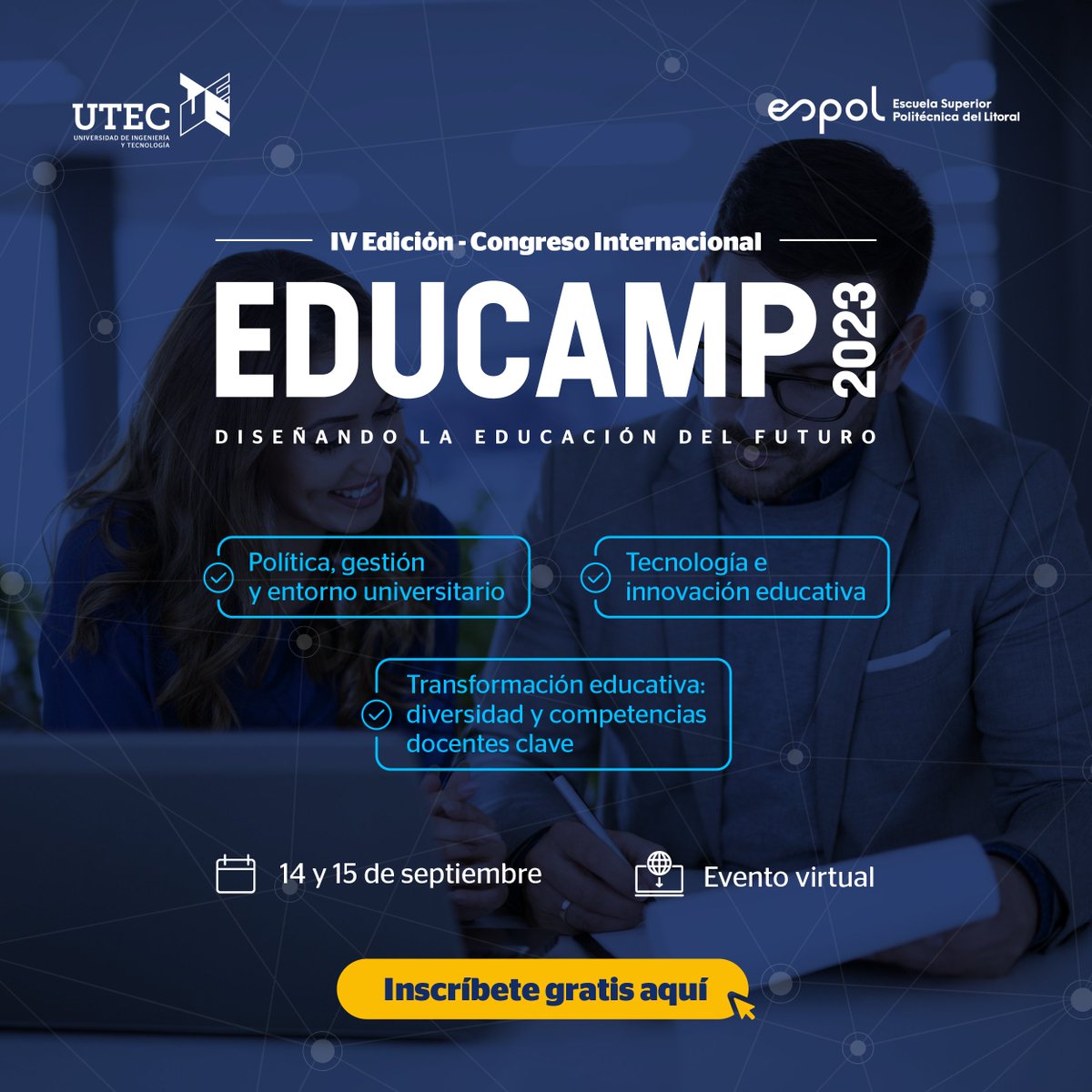 espol's tweet photo. ¡Mañana inicia #EDUCAMP2023!
Gestores de educación de Ecuador, México, Perú, Argentina, Costa Rica, Estados Unidos y más, juntos para discutir el futuro de la educación y sus desafíos📚👨‍🏫. Si estás inmerso en el mundo de la educación superior, regístrate https://t.co/k91O66g3Sq https://t.co/3CrbPsIgpN