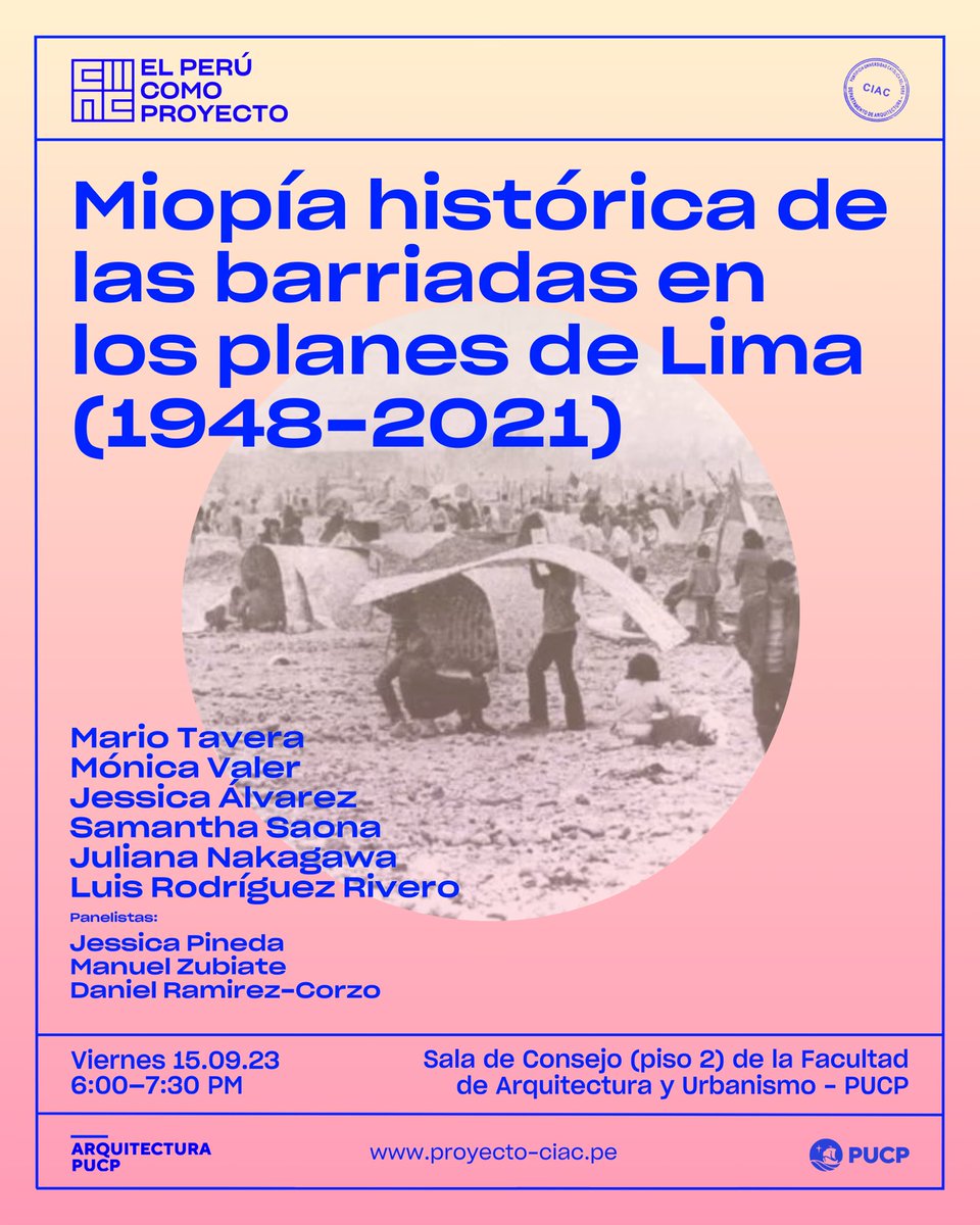 ciacpucp's tweet photo. 2/2
Les mostramos los afiches de los eventos programados para el 14 y 15 de septiembre como parte de “El Perú Como Proyecto”.
📌Inscripciones: https://t.co/8fXRUl1pCZ
#ElPerúComoProyecto #CIAC #EPCP #ArquitecturaPUCP #arqpucp #CharlasArquitectura https://t.co/zjM2EYMaew