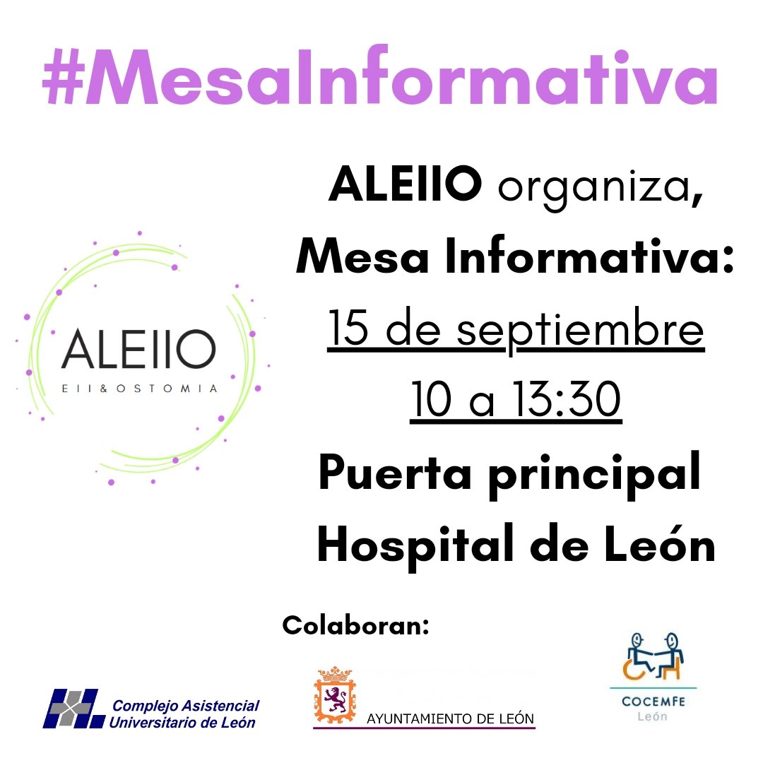 Asc_Aleiio's tweet photo. El próximo viernes 15 septiembre ponemos una mesa informativa en la puerta principal del Hospital de León: tendremos información sobre EII y sobre Ostomias, además de info de todas nuestras actividades y talleres.
De 10 a 13:30 horas
Os esperamos!
#EII #Ostomia #Aleiio 💚💜 https://t.co/XSYGZjawpH