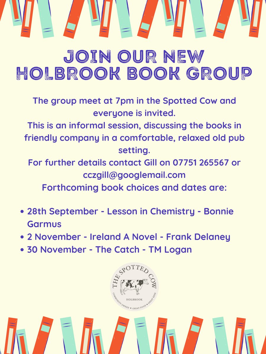 Our lovely Book Group meets on 28th September at 7pm in the pub.