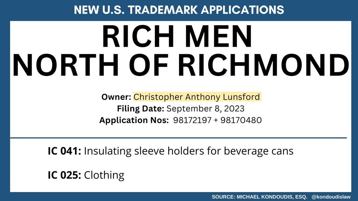 Singer Oliver Anthony has applied to trademark the title of his mega-hit song. In a September 8th filing, the singer applied to trademark RICH MEN NORTH OF RICHMOND for: ▶️ Clothing ▶️ Insulated sleeves for beverage cans 🚨🚨Mr. Anthony may have some trouble with this…