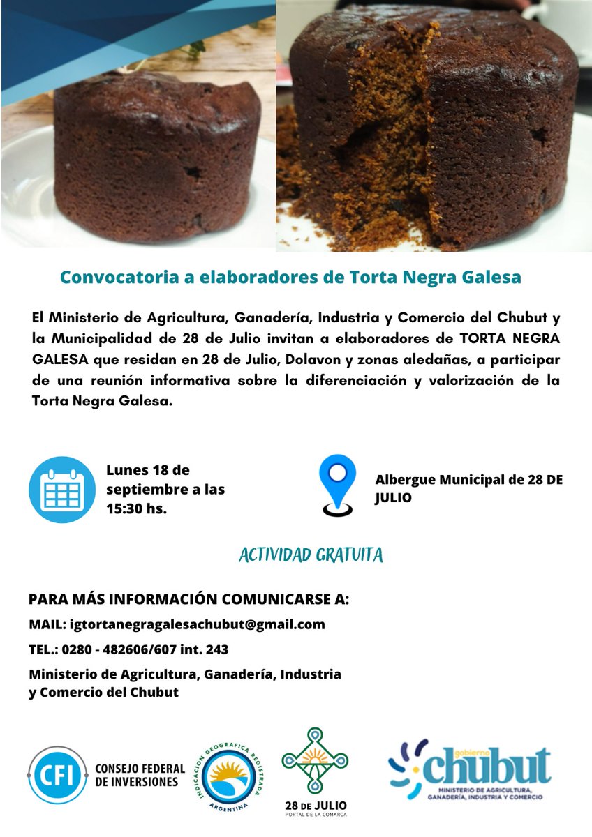 Taller Regional sobre la elaboración de "Torta Negra Galesa".
La actividad será gratuita y tendrá lugar el Lunes 18 de Septiembre a partir de las 15.30 horas, en el Centro Comunitario.
#28deJulio #PortaldelaComarca #IntendenciaAdrianaAguero