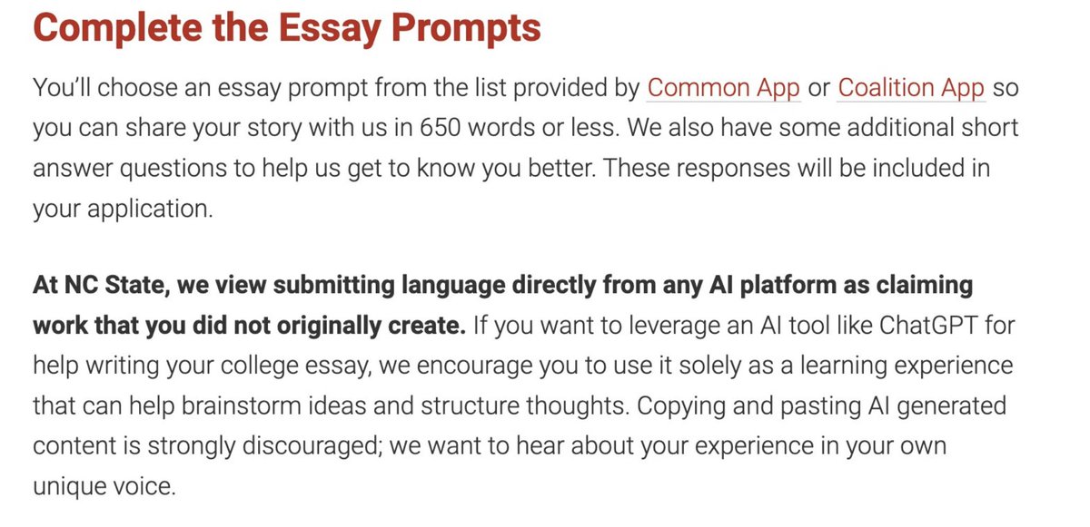 skyoutbriout's tweet photo. Yesterday I posted NC State's warning to first-year applicants against using ChatGPT to write admissions essays. 

Today, the university appears to have softened its language. The bold sentence alluding to plagiarism has been removed. https://t.co/Nw97txe4fj