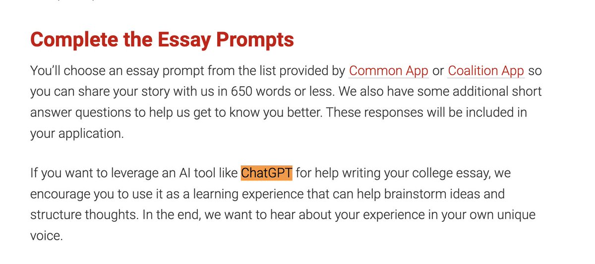 skyoutbriout's tweet photo. Yesterday I posted NC State's warning to first-year applicants against using ChatGPT to write admissions essays. 

Today, the university appears to have softened its language. The bold sentence alluding to plagiarism has been removed. https://t.co/Nw97txe4fj