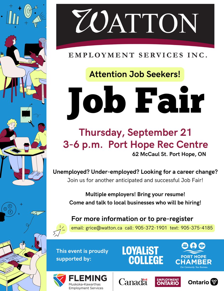 WattonEmploy's tweet photo. 📣PORT HOPE JOB FAIR! Bring your resume + meet employers!🤝
September 21st from 3-6PM at Port Hope Rec Centre (62 McCaul St)
🚌Transit Route B runs until 8PM and stops in-front of the Rec Centre
💧Water filling station available https://t.co/okZLN7weqk