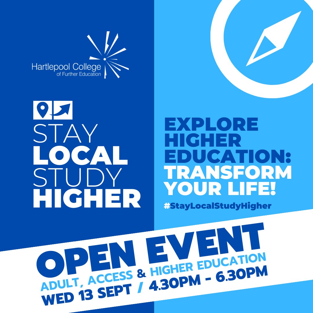 hartlepoolfe's tweet photo. Join us TODAY at our dedicated OPEN EVENT for Adult, Access and HE Programmes between 4.30pm and 6.30pm.
Especially if you are looking for the most extensive choice of Higher Education programmes in Hartlepool, from L4 to L7.
#StayLocalStudyHigher #TransformingLives https://t.co/uxUmD0z4ey