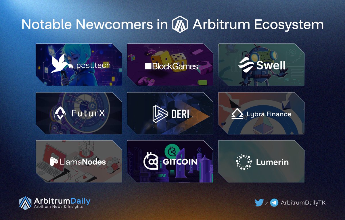🎉 Notable Newcomers in <a href="/arbitrum/">Arbitrum</a> Ecosystem🔥

@PostTechSoFi 
<a href="/GetBlockGames/">BlockGames</a> 
<a href="/swellnetworkio/">Swell</a> 
<a href="/FuturXOfficial/">FuturX</a> 
<a href="/DeriProtocol/">Deri Protocol</a> 
<a href="/LybraFinance/">Victor Frisbie</a> 
<a href="/LlamaNodes/">LlamaNodes</a> 
<a href="/grantsstack/">Gitcoin Grants Stack</a> 
<a href="/HelloLumerin/">Lumerin Protocol</a> 

What are the newcomer spotlights?👇

Read more Events, Airdrop and Updates🧵