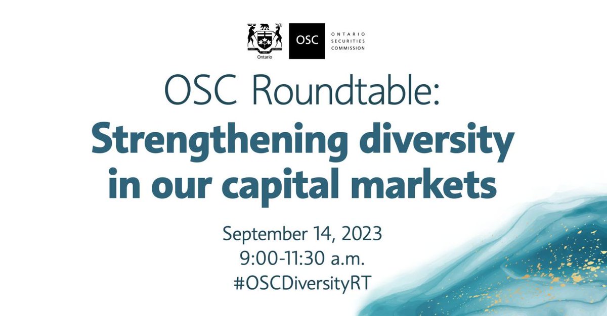 OSC_News's tweet photo. OSC Roundtable: Strengthening diversity in our capital markets is tomorrow!

We will be live tweeting throughout the event using the hashtag #OSCDiversityRT. Be sure to follow us to stay in the loop.
 
We can’t wait to see you all there. https://t.co/IJrvWSQTrJ