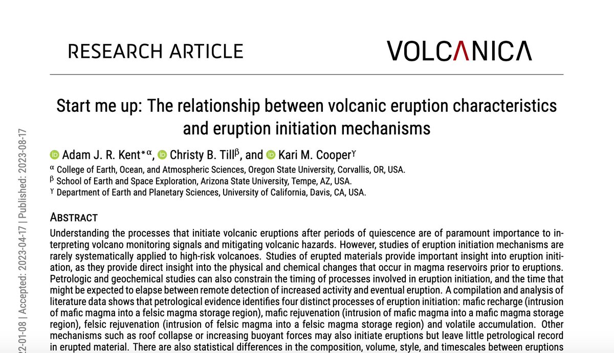 Have you seen this new paper from @geowhateverist and co-authors? What controls the initiation of a new eruption? Read 'Start me up: The relationship between volcanic eruption characteristics and eruption initiation mechanisms' now. doi.org/10.30909/vol.0…
