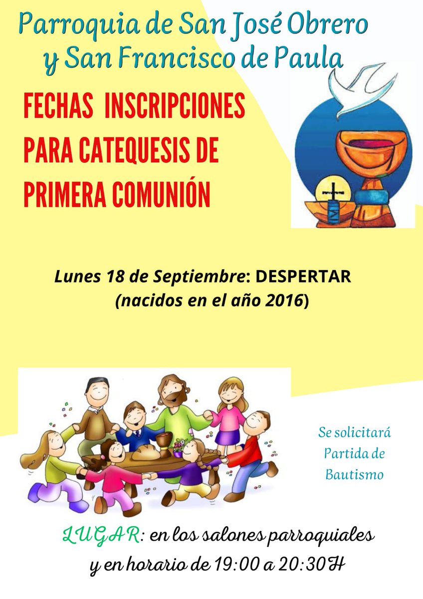 📌 ÚLTIMO DÍA PARA INSCRIPCIONES DE CATEQUESIS PRIMERA COMUNIÓN.

Para niños nacidos en el año 2016 (Grupo DESPERTAR).

Próximo LUNES 18 DE SEPTIEMBRE, de 19:00 a 20:30 horas.

En nuestros Salones Parroquiales.