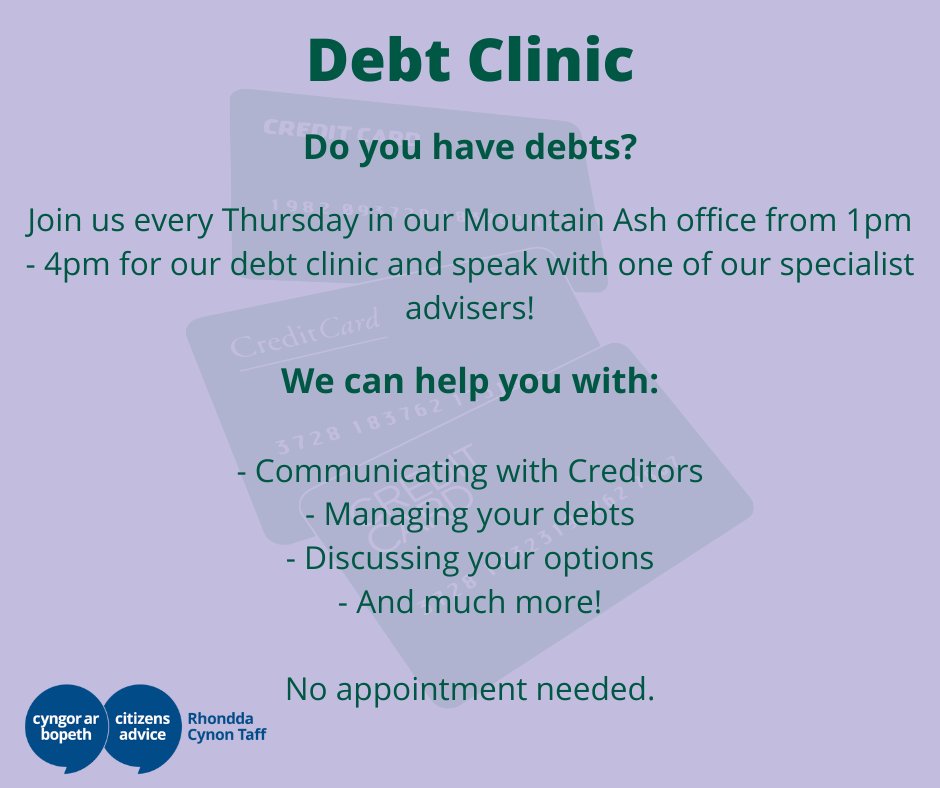 If you have debts, join us for Debt Clinic and receive free debt advice from our specialist advisers!

Where 📍 Citizens Advice, Mountain Ash
When ⏰ Thursdays from 1pm-4pm
How ▶️ In-person