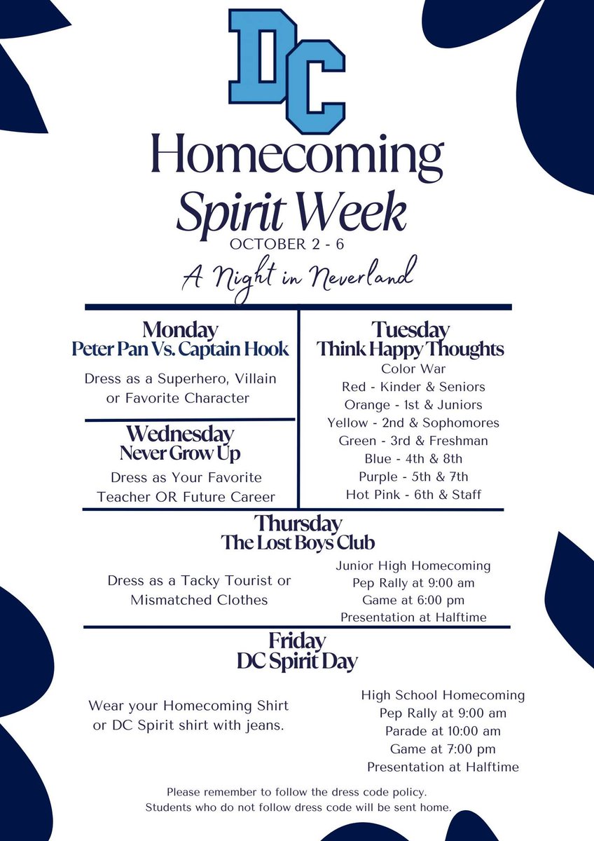 Homecoming Spirit Week is October 2 - 6.
All of our dress up days and events are posted below!
Go Storm!