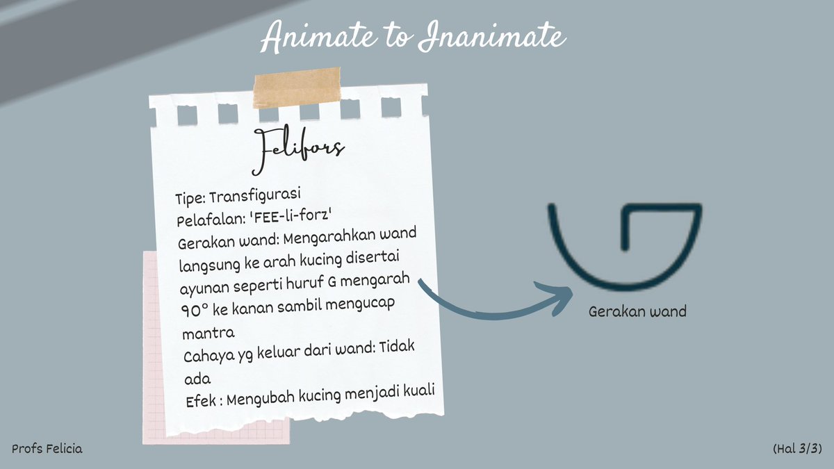 ProfsFelicia's tweet image. Tipe: Transfigurasi
Pelafalan: 'FEE-li-forz'
Gerakan wand: Mengarahkan wand langsung ke arah kucing disertai ayunan seperti huruf G mengarah 90° ke kanan sambil mengucap mantra
Cahaya yg keluar dari wand: Tidak ada
Efek : Mengubah kucing menjadi kuali

-c-