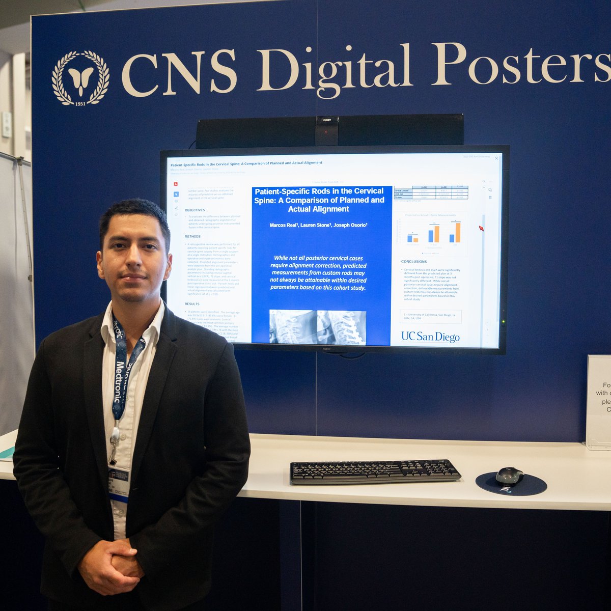 UCSDNeuroSurg's tweet photo. Congratulations to Marcos Real, MS-2 at @UCSDMedSchool, on his poster at #2023CNS! He worked with Drs. Joseph Osorio (@OsorioSpine) and @LaurenStoneMD to evaluate the accuracy of predicted measurements for patient-specific spinal rods. #UCSDatCNS #SpineSurgery #Neurosurgery https://t.co/s3eyh8MaFp