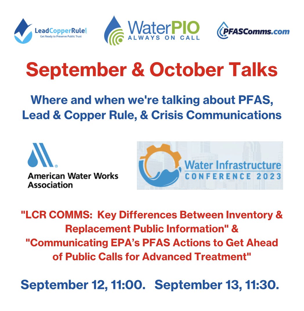 WaterPIO's tweet photo. Busy day today.
Wrapping up @awwa’s #WIC2023 with our core #PFAS public #COMMS presentation before driving to @VirginiaBeachVa for #WaterJam, where we’re talking LCR #COMMS tomorrow morning.
The focus? The highwire act that is school & childcare testing #communications. https://t.co/jYkTxIrwu8