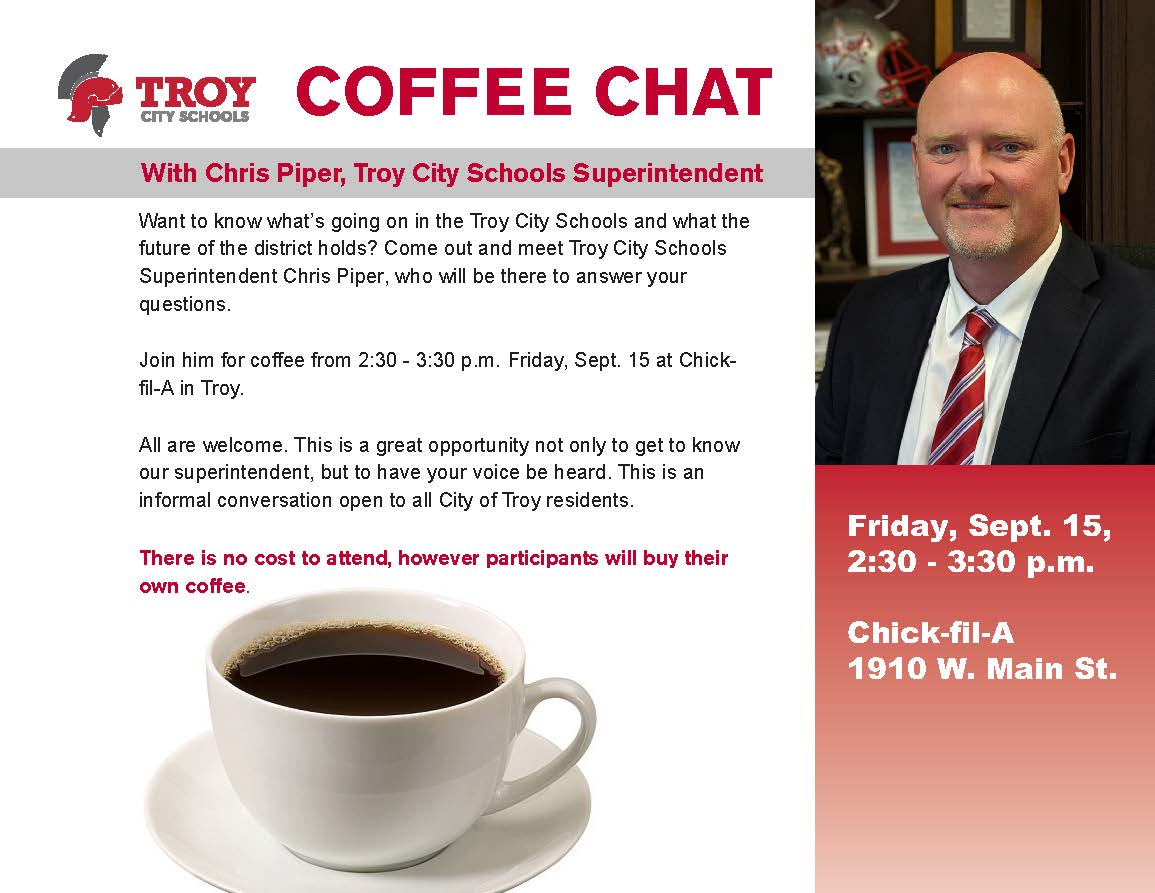 This school year, Superintendent @chrispiper_ohio  will be holding monthly community 'coffee chats.' This is your opportunity to meet with the superintendent, hear what he has to say about the district and ask any questions you may have.

His first coffee chat is Friday, Sept. 15