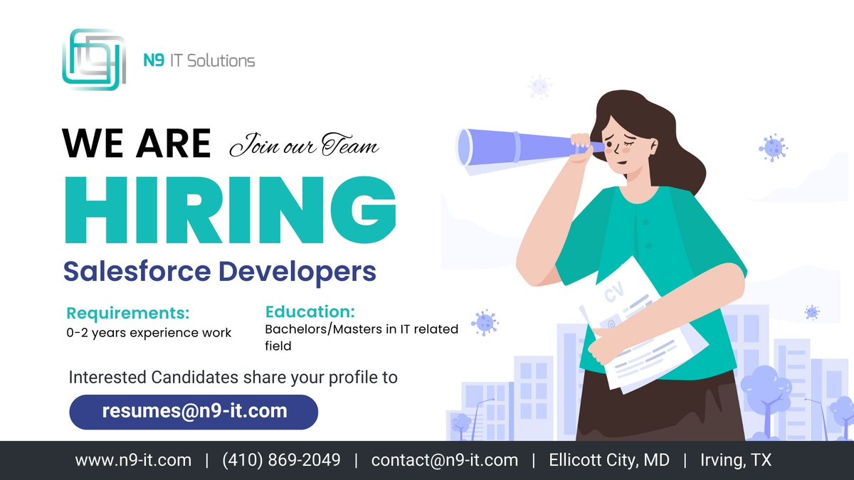 We are Hiring for the position of Salesforce Developers in our USA location. Just mail your resume to resumes@n9-it.com Contact us for more details - +1 410-869-2049 Website - n9-it.com #Salesforce #salesforceadmin #salesforcejobs #pegadeveloper #scrummaster