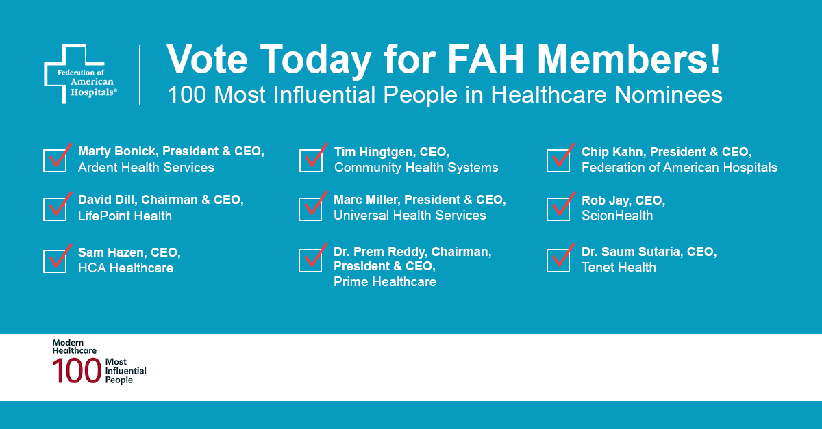 FAHhospitals's tweet photo. Honored to have so many leaders from our membership nominated for @modrnhealthcr's 100 Most Influential People in Healthcare list 2023, including our @chipkahn. We appreciate their dedication to patient care. You can show your support by voting here: https://t.co/fZHl8UwhYz https://t.co/OpFzsDuwU1