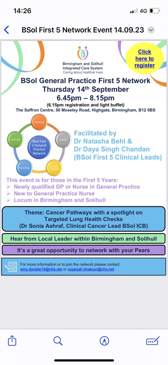 Doc_Natasha's tweet photo. Join us at our next @BSol_ICS First5 GPs and Nurse Event!
Hear from Dr Sonia Ashraf about the Cancer Pathway updates.
A great opportunity to network with local colleagues too!
#first5 #networking #cancerpathways #bsolics https://t.co/aZPLAVOupR