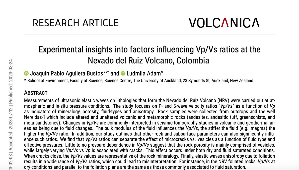 Check out this new paper from Joaquin Pablo Aguilera Bustos and Ludmila Adam looking at Vp/Vs ratios at Nevado del Ruiz Volcano in Colombia! 🌋 Read it here: doi.org/10.30909/vol.0…