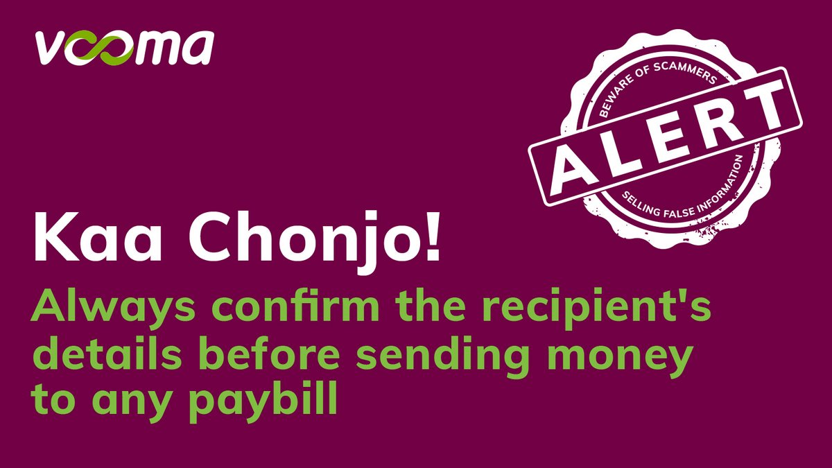 Stay smart by verifying every payment that you carry using any paybill numbers to avoid sending a lot of money to the wrong people,business or organization.

#KaaChonjo