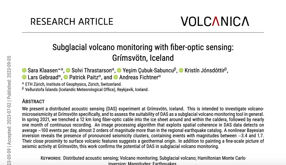 Here's a new paper from Sara Klaasen and colleagues! These authors have looked at subglacial volcano monitoring using fiber-optic sensing with Grímsvötn volcano in Iceland as a case study! 🌋 Read more here 👇 doi.org/10.30909/vol.0…