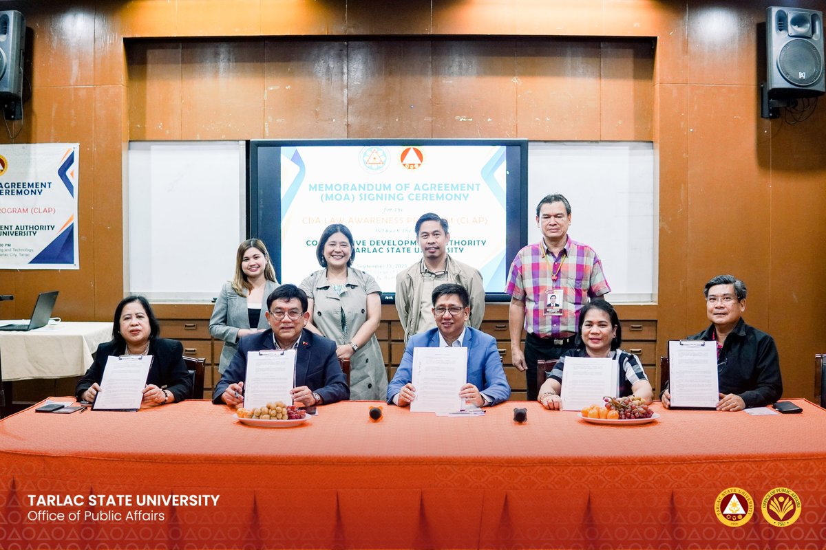 TarlacStateU's tweet photo. Tarlac State University and the Cooperative Development Authority (CDA) sealed a memorandum of agreement for the implementation of the CDA Laws Awareness Program (CLAP) this afternoon (September 13) at the TSU Main AVR.  

Read more: https://t.co/oeHEcW3yee

#TSUpartnerships2023 https://t.co/l8mRKZ6rCG