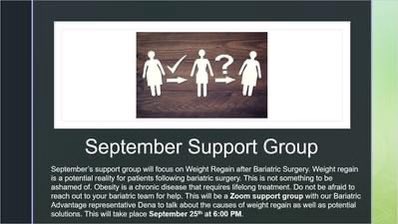 #weightlosswednesday #checkyouremail for the #zoom link for the #september #supportgroup where we will be discussing the topic of #weightregain after #bariatricsurgery #obesity is a #chronicdisease requiring #lifelong management!@advbariatrics #rny #vsg #sadis #bariatriclife