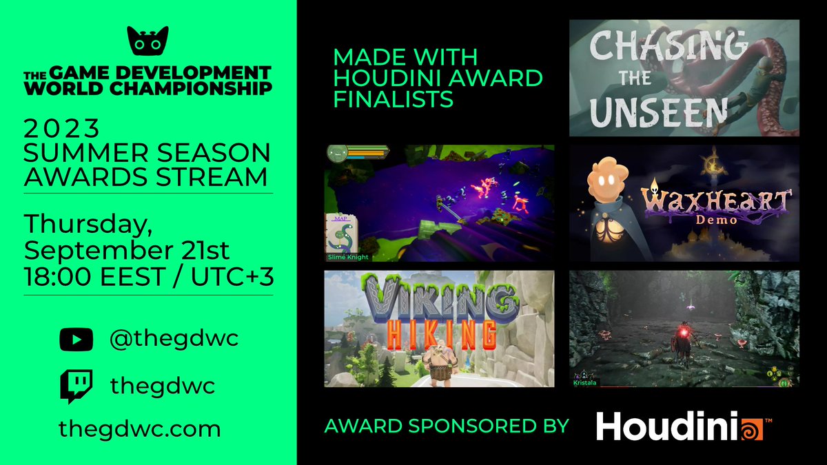 Made-with-Houdini Award Finalists for #GDWC2023 Summer Season! <a href="/BeastBellyStd/">Beast Belly</a>  <a href="/ACS_Games/">KRISTALA 😼⚔️ Play on Steam</a> <a href="/thevikinghiking/">Viking Hiking - OUT NOW on Steam 📯</a> <a href="/waxheartgame/">WaxHeart</a> <a href="/strangeshift/">Chasing the Unseen - Out Now</a> 

Sponsored by <a href="/sidefx/">SideFX</a> Houdini

Watch #Awards on GDWC Youtube Channel Thursday September 21st at 18:00 EEST / UTC+3
youtube.com/@thegdwc