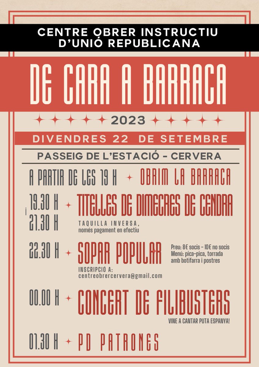CentreObrer's tweet photo. DE CARA A BARRACA! 
Barraca de Festa Major! Perquè ens agraden les festes de carrer, populars, reivindicatives i autogestionades!
Titelles, sopar popular, concert dels Filibusters, PD Patrones i Puta Espanya, sempre!

#Barraca2023 #CentreObrer 
#FestaMajor2023
#Cervera https://t.co/KQL4ywtLlm