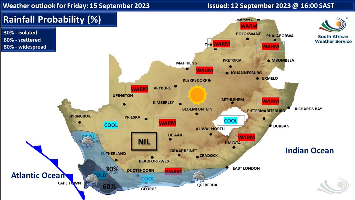 SAWeatherServic's tweet photo. Weather outlook for Friday, 15 September 2023. Rain and showers are expected over the south-western areas. Otherwise, fine and warm. #WeatherUpdate #coldfront https://t.co/7BvArD2ivp