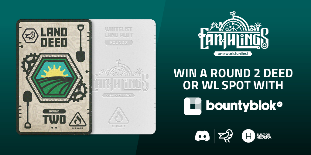 🥳GIVE AWAY🥳
Round 2 of Land Plot Minting is coming up! 
Join our Bountyblock campaign for a shot at an exclusive DEED or Whitelist spot. bblk.io/JR6H
End: Sep 15, 1PM UTC.

Don't miss your chance to own a piece of the future! #discoverearthlingsland

For all details