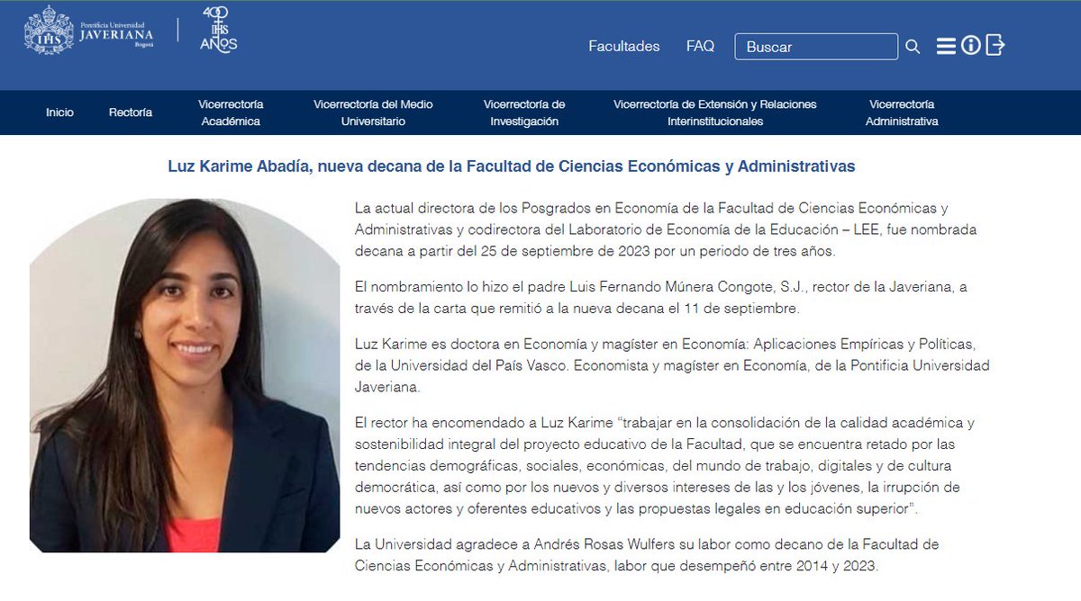 JorgeARestrepo's tweet photo. Felicitaciones a la profesora Luz Karime Abadía @luzka_abadia como nueva decana de la Facultad de Ciencias Económicas y Administrativas de la @UniJaveriana @FCEAJaveriana  Muchos éxitos en su gestión. https://t.co/6SVnLTd2fp
