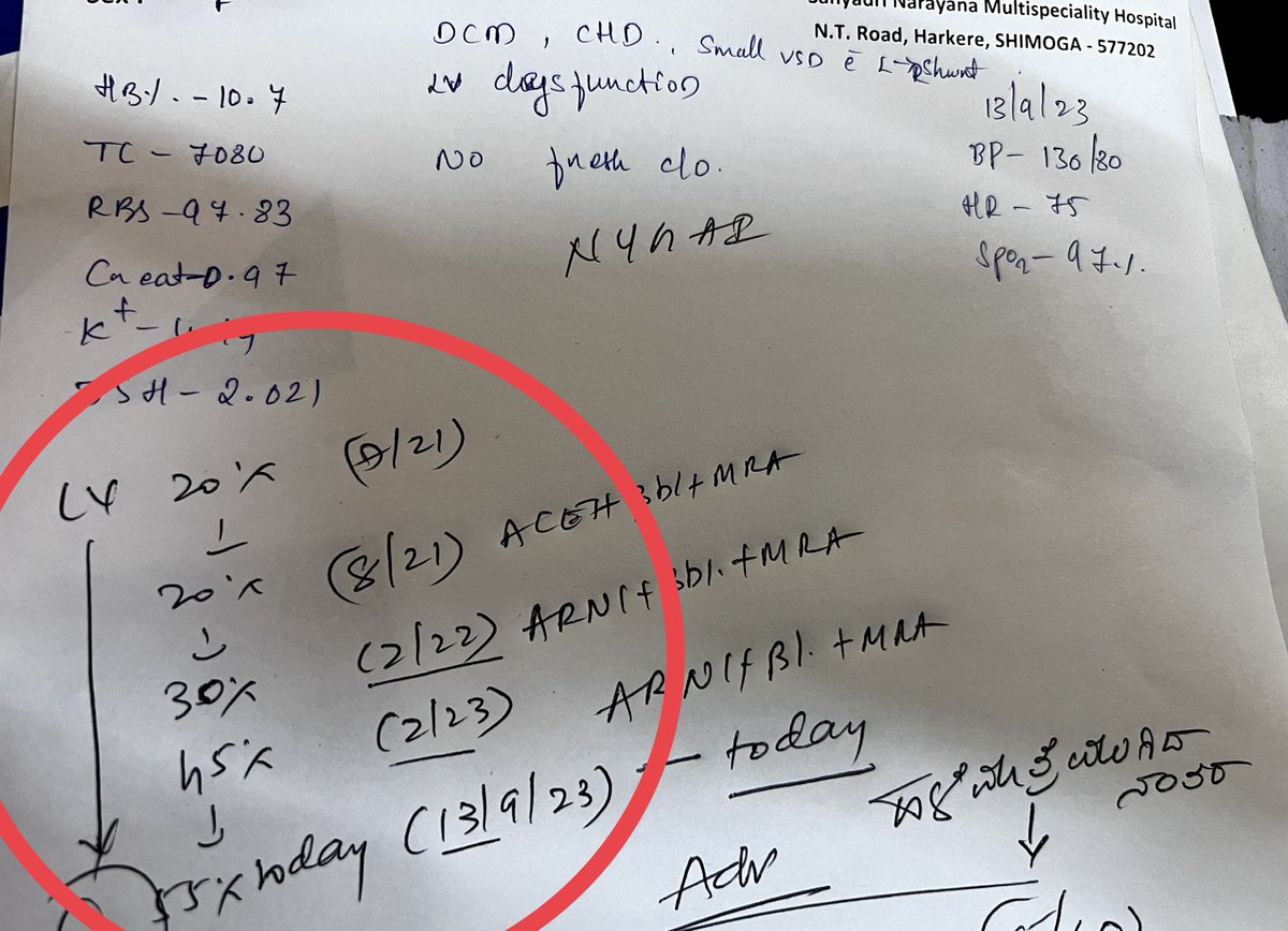 The power of #GDMT 👉- natural history of a middle aged lady with  severe LV dysfunction ( admission EF 15% , severe BV dysfunction)  over a period of 2 1/2 years -LVEF improves to near normalcy (50-55%)  and patient is energetic than ever before -a clear example of how ARNI, MRA…