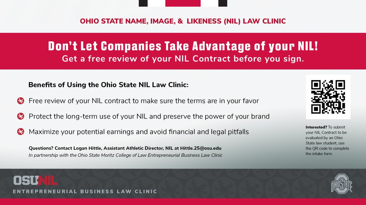 Buckeyes, we hope your semester is off to a great start. Don’t forget about our on campus resources as you navigate your NIL Journey! Visit moritzlaw.osu.edu/study/clinics/… to learn more 🌰