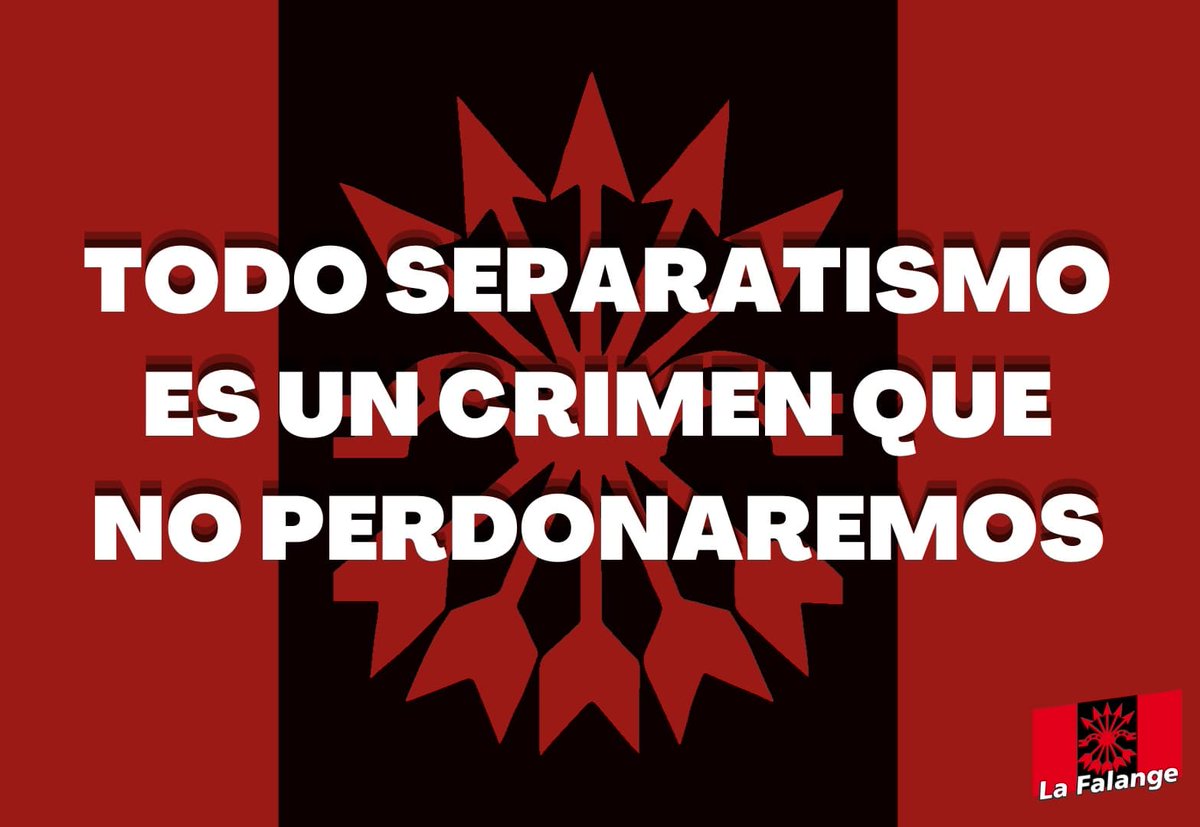 NosotrosFalange's tweet photo. La sagrada unidad de España ni se vota, ni se negocia, ¡se defiende!

Tolerancia cero con el separatismo criminal, con los distintos gobiernos cómplices que lo alimentaron y con el régimen constitucional que lo permitió durante décadas.

La defensa de la patria es un derecho, un deber, un honor. 
¡Viva la unidad de España!
¡Arriba España!

#Españasedefiende #Falange
#CataluñaesEspaña #Vuelveacreer
