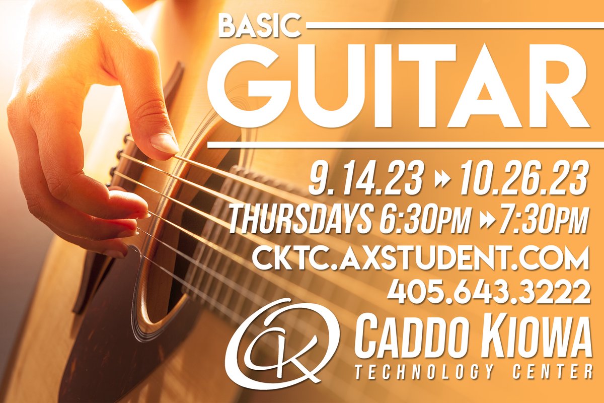 caddokiowatech's tweet photo. πΈ Basic Guitar Short-Term Course
π
Sept. 14 to October 26
π 6:30pm - 7:30pm
πCaddo Kiowa Technology Center
π 405.643.3222
https://t.co/fRupvYOjkg
#CKTC | #BasicGuitar | #ShortTermCourses https://t.co/R8SofPK99o