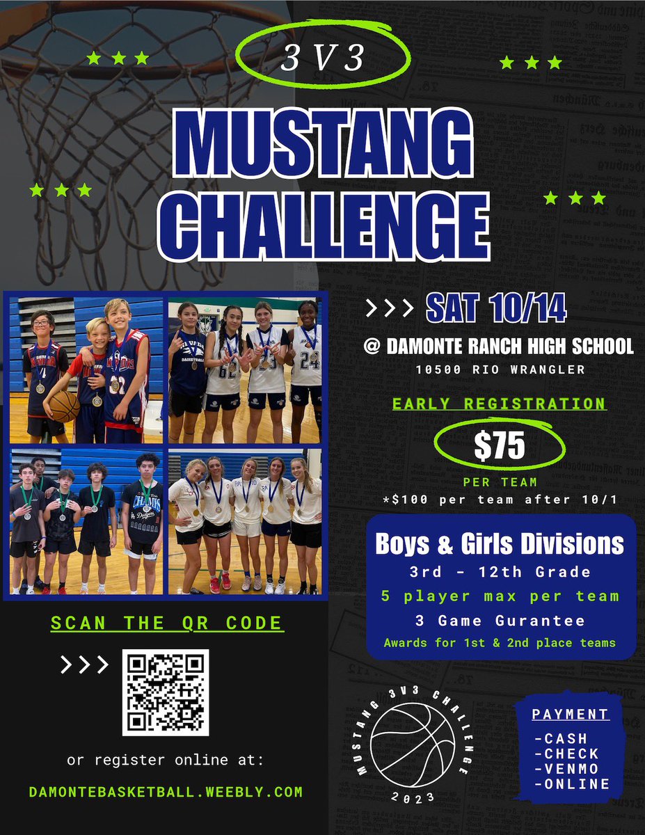 DamonteHoops's tweet photo. Registration for our 4th annual Mustang 3 on 3 Challenge is officially open! Get your team signed up ASAP!! https://t.co/quOjDz3csY