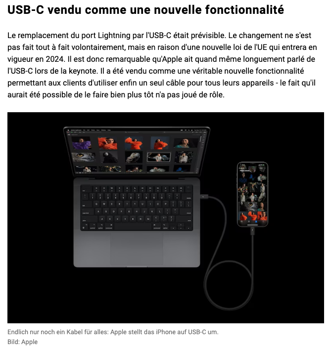 vladiuga's tweet photo. ”[..] le fait qu'il aurait été possible de le faire bien plus tôt n'a pas joué de rôle.” - n'oublions pas quelles étaient les véritables raisons d'avoir l'USB C avec le nouvel #iPhone15. 
Kudos à #Digitec (@Galaxus) pour l'avoir dit haut et fort.  

#WWDC2023 #compliance #UE https://t.co/Yk4Spqbm05
