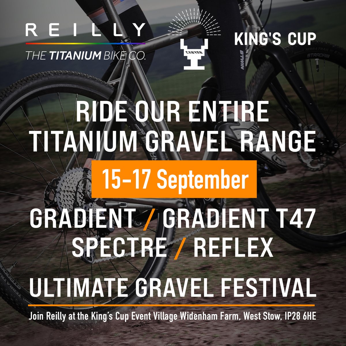 reillytitanium's tweet photo. Try a Reilly titanium gravel bike
Take part in the Gravel Fondo
Watch the British Gravel Championships all @kingscupgravel
#gravelbike #reillybrighton #titaniumbikes #ReillyGradient #ReillyGradientT47 #ReillySpectre #KingsCupGravel #kingscup2023 https://t.co/WVh0JfMPrX