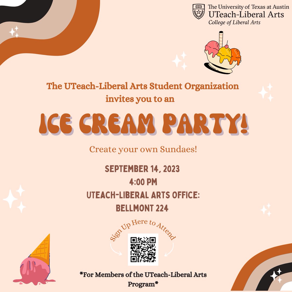 Join us tomorrow for a delightful Ice Cream Social hosted by the UTeach-LA Student Organization. Connect with your program peers and create delicious sundaes🍦! We hope to see you there. #uteachla 

Click link below to sign up: 
docs.google.com/forms/d/e/1FAI…
