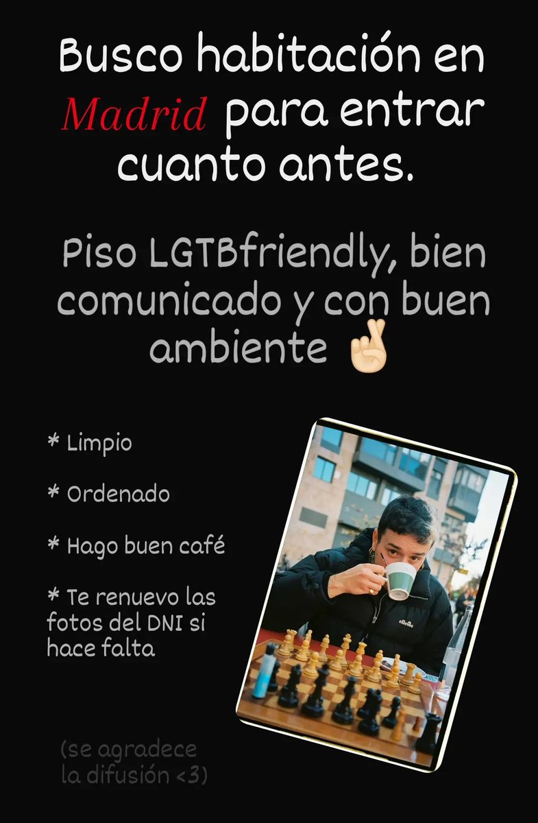es_carleset's tweet photo. Pues de nuevo...
BUSCO PISO EN MADRID📍

Hola! Voy a hacer el máster en EFTI y busco piso/habitación para entrar Sept/Oct. Ordenado, majisimo, lgtbi friendly y me gusta tener un buen ambiente en el piso ✨🤍🤞🏻

💬 Abre chat y hablamos de presupuesto y demás. https://t.co/4BpF4zIb2J