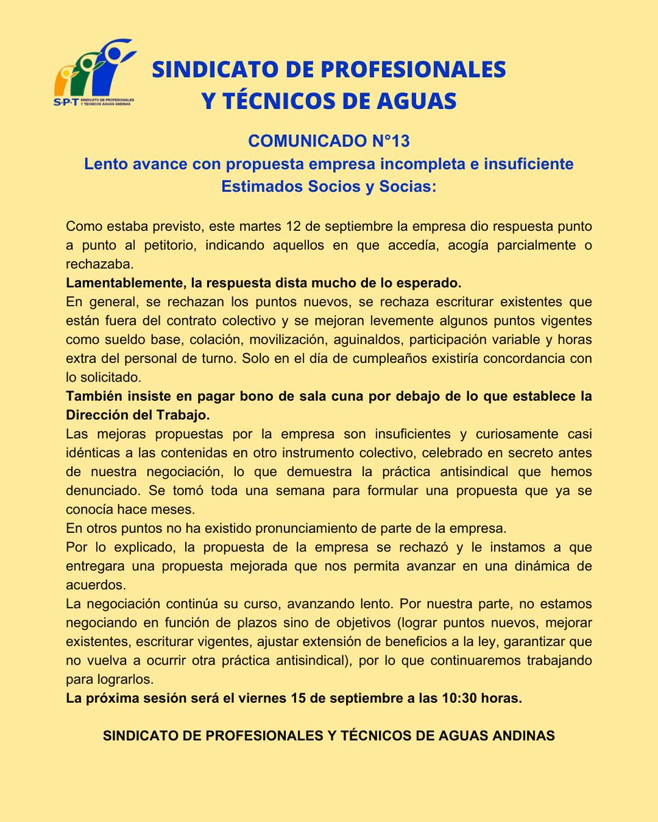 #ATENCIÓN
👉Dejamos con ustedes comunicado número 13, en el cual detallamos los resultados de la reunión sostenida con <a href="/aguas_andinas/">Aguas Andinas</a>  este martes 12.
Lamentablemente hay mucha distancia con lo que se ofrece y la propuesta que nosotros llevamos.
Los invitamos a estar informados