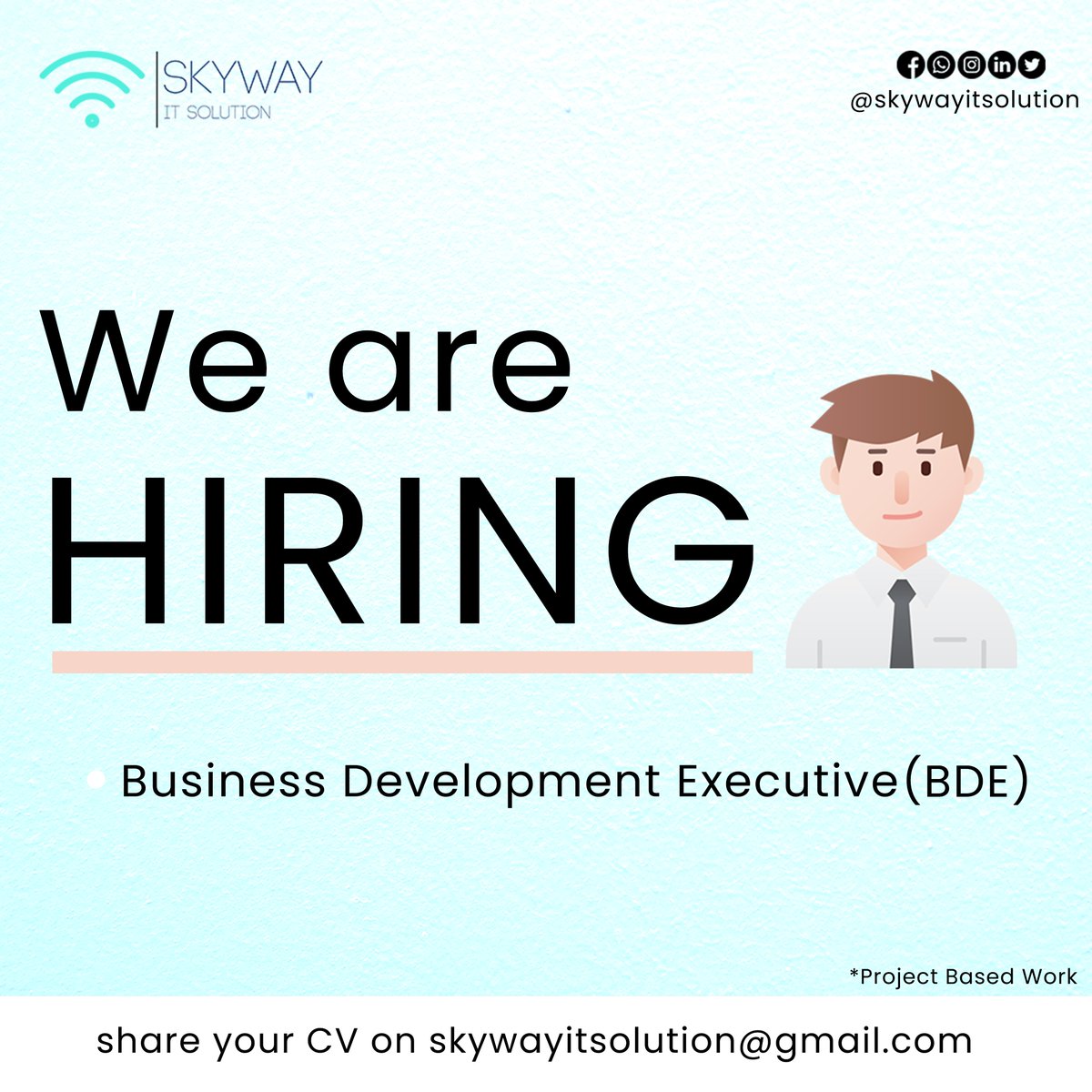 We are hiring for #BDE (#businessdevelopmentexecutive )
It's a project-based work so you can work according to your time
Interested Candidates can Mail us at skywayitsolution@gmail.com
.
.
.
#job #ITJob #itopenings #IndiaITjobs #newvacancy2023 #itvacancy #followus #SharePost