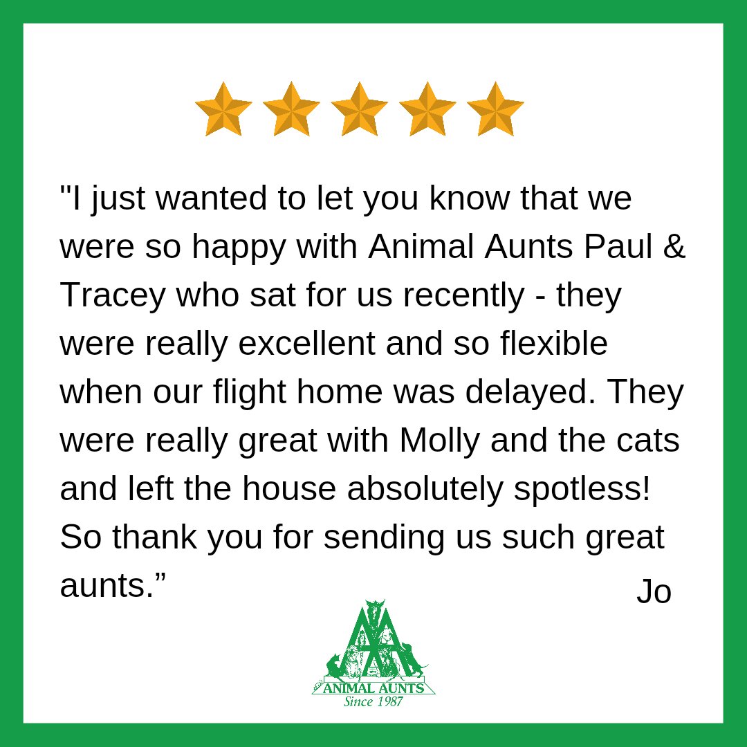 AnimalAunts's tweet photo. One of the many advantages of hiring an Animal Aunt is that we can offer flexibility! If your flight is delayed like Jo's was, we will ensure your pets are still tended to. A lovely review for our excellent Aunts Paul and Tracey - thanks Jo!

#persisting #housesitting https://t.co/Mmq61lDJsf