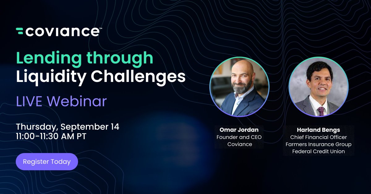 Coviance (@coviance) on Twitter photo Last chance to save your seat for this trending #Webinar! Is your #CreditUnion prepped to effectively manage liquidity? Learn strategies to navigate #Liquidity challenges in our FREE, 30-minute webinar, with <a href="/meridianlink/">MeridianLink</a>, on Thurs., Sept. 14th at 11am PT. hubs.la/Q021h6H40 Last chance to save your seat for this trending #Webinar! Is your #CreditUnion prepped to effectively manage liquidity? Learn strategies to navigate #Liquidity challenges in our FREE, 30-minute webinar, with <a href="/meridianlink/">MeridianLink</a>, on Thurs., Sept. 14th at 11am PT. hubs.la/Q021h6H40