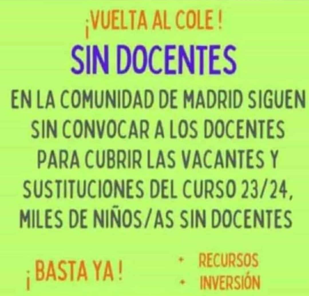 SandraGamf's tweet photo. Esto es una verdadera VERGÜENZA, una semana de clases y los centros PÚBLICOS,sin toda la plantilla al completo y los alumnos sin docentes @IdiazAyuso y señor consejero de educación @EVicianaDuro tendremos que esperar una semana más, dos, un mes??? https://t.co/NMOIrBjIrA