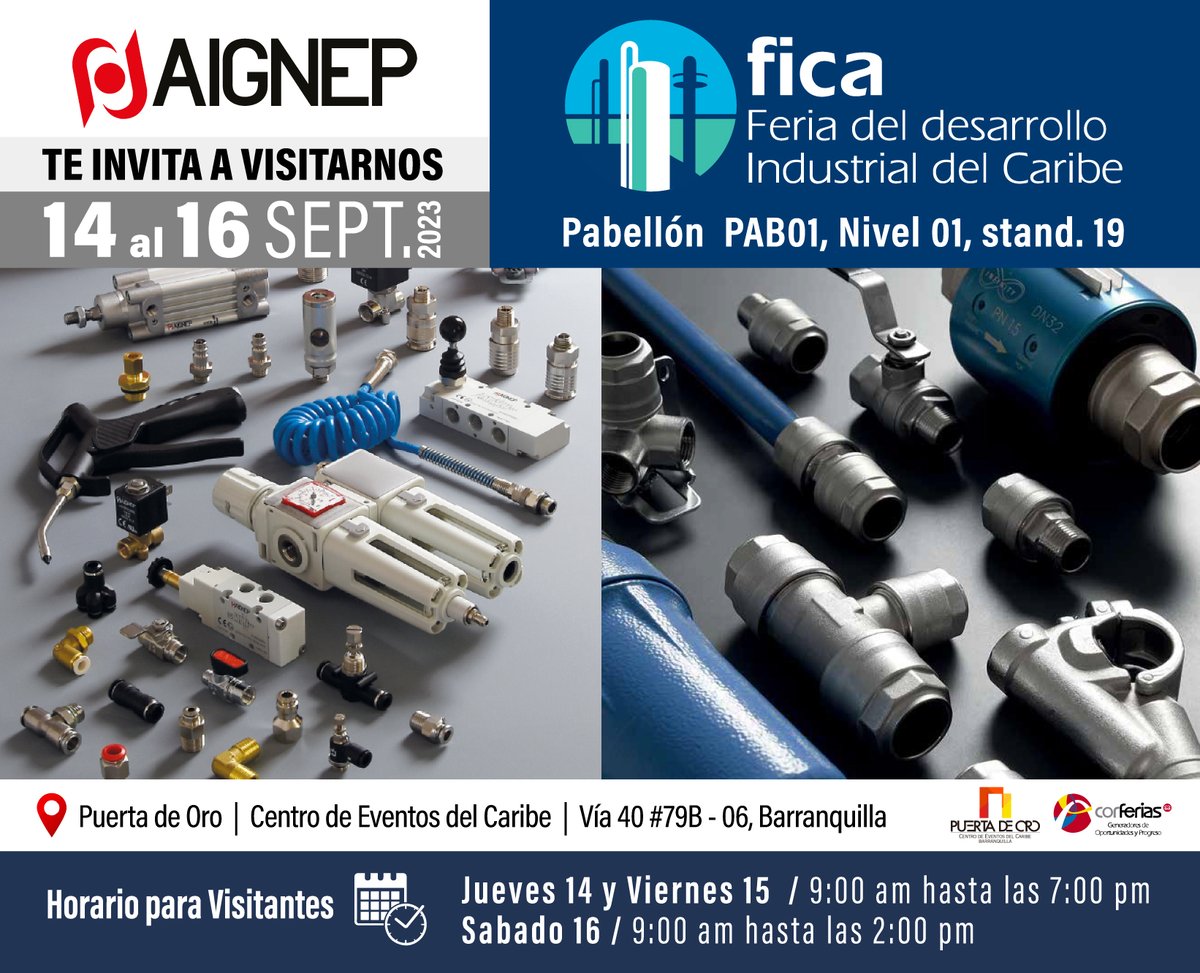 aigneplatam's tweet photo. ¡FICA 2023 en Barranquilla se acerca! 
Marca tus fechas: del 14 al 16 de septiembre del 2023. Encuéntranos en el Pabellón PAB01, Nivel 01, Stand 19.
AIGNEP estará presente en la Feria de Desarrollo Industrial del Caribe - FICA,
#FICA2023 #Barranquilla #AIGNEP https://t.co/Tq1kvZ8vqC